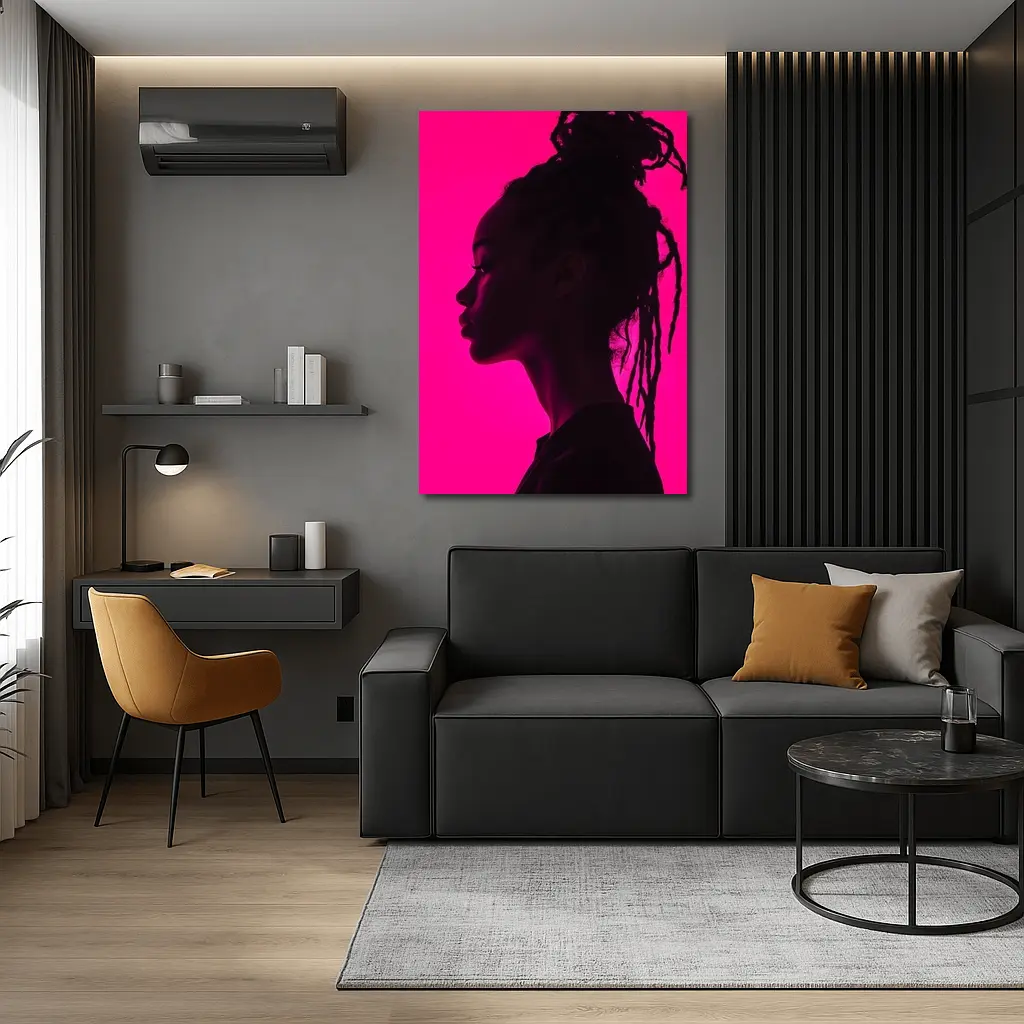 Woman Silhouette Profile Pink Neon Background – Wall Art