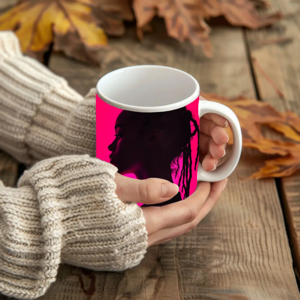 Woman Silhouette Profile Pink Neon Background – Mugs