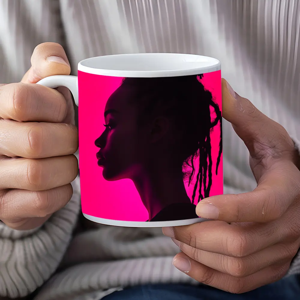Woman Silhouette Profile Pink Neon Background – Mugs