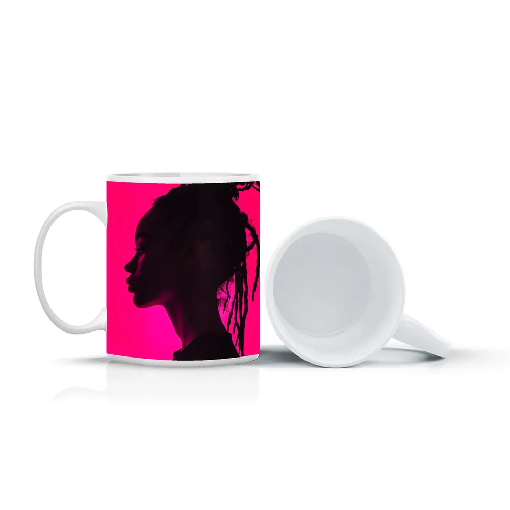 Woman Silhouette Profile Pink Neon Background – Mugs
