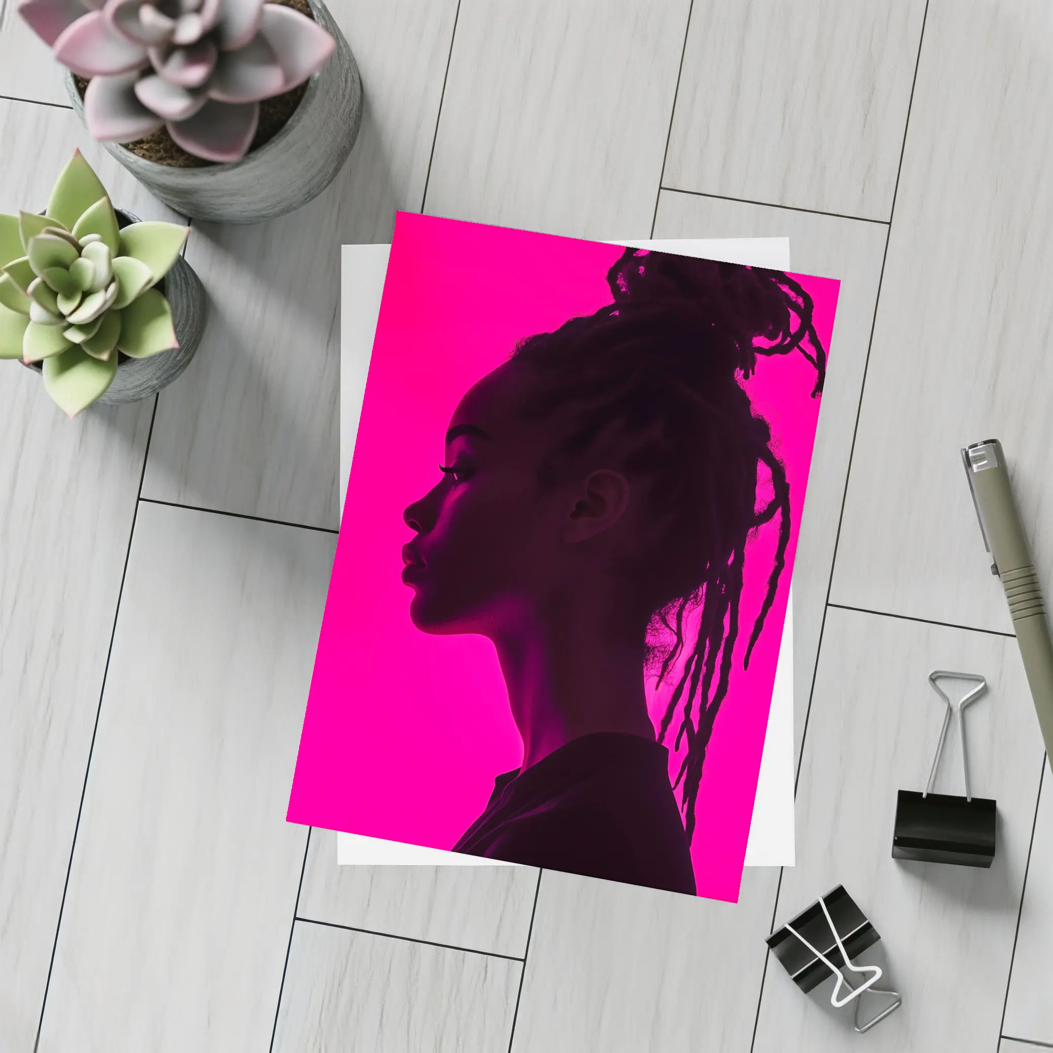 Woman Silhouette Profile Pink Neon Background – Postcards
