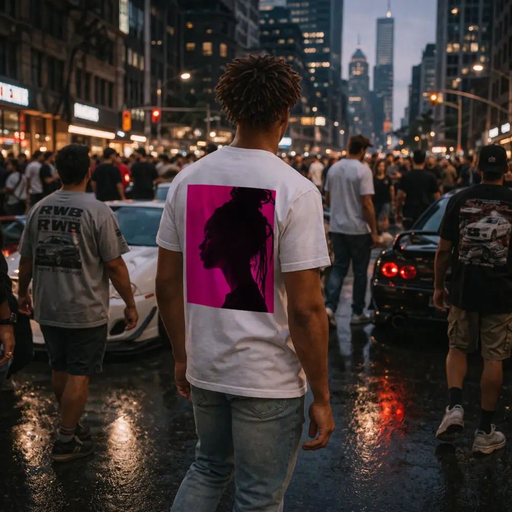Woman Silhouette Profile Pink Neon Background – T-Shirts