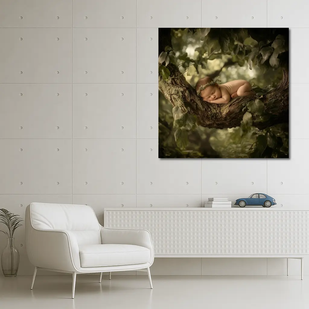 Sleeping Newborn Baby On Forest Tree – Wall Art