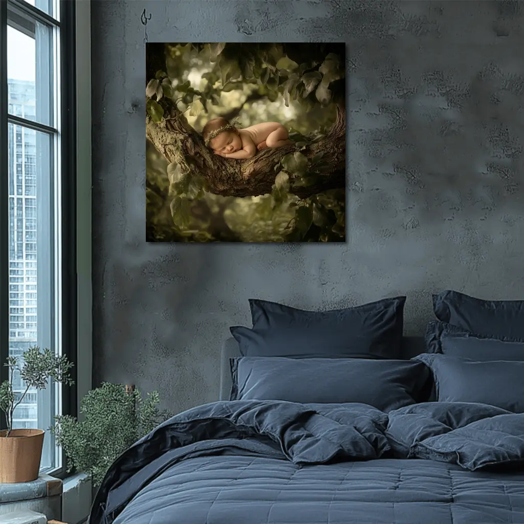 Sleeping Newborn Baby On Forest Tree – Wall Art