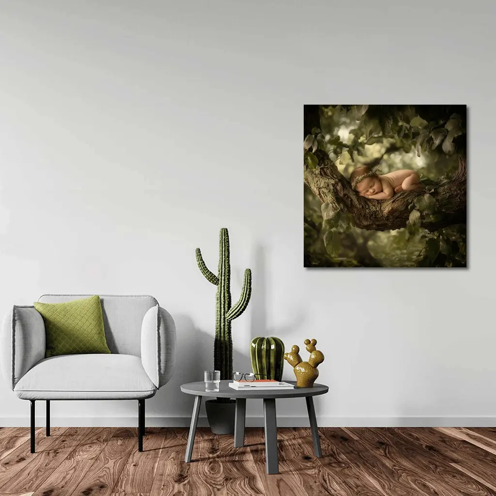 Sleeping Newborn Baby On Forest Tree – Wall Art