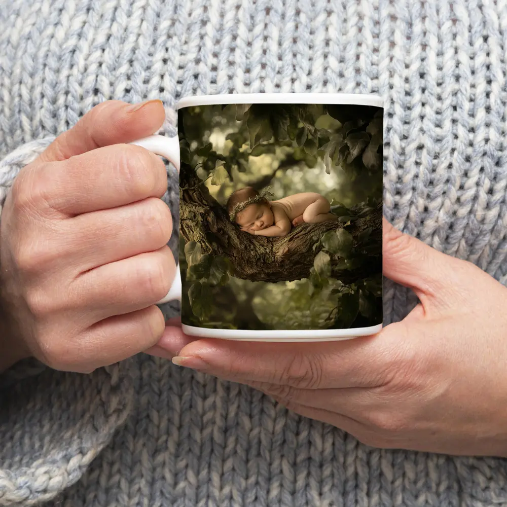 Sleeping Newborn Baby On Forest Tree – Mugs