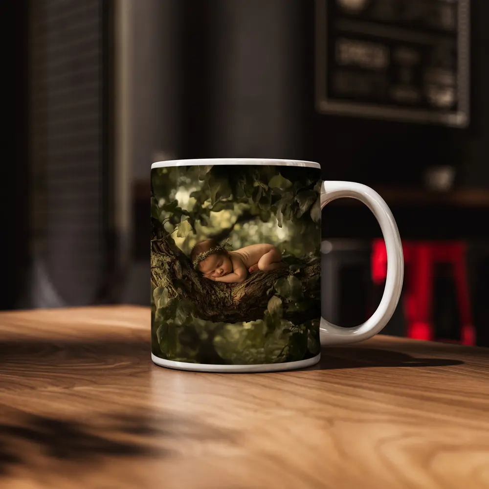 Sleeping Newborn Baby On Forest Tree – Mugs