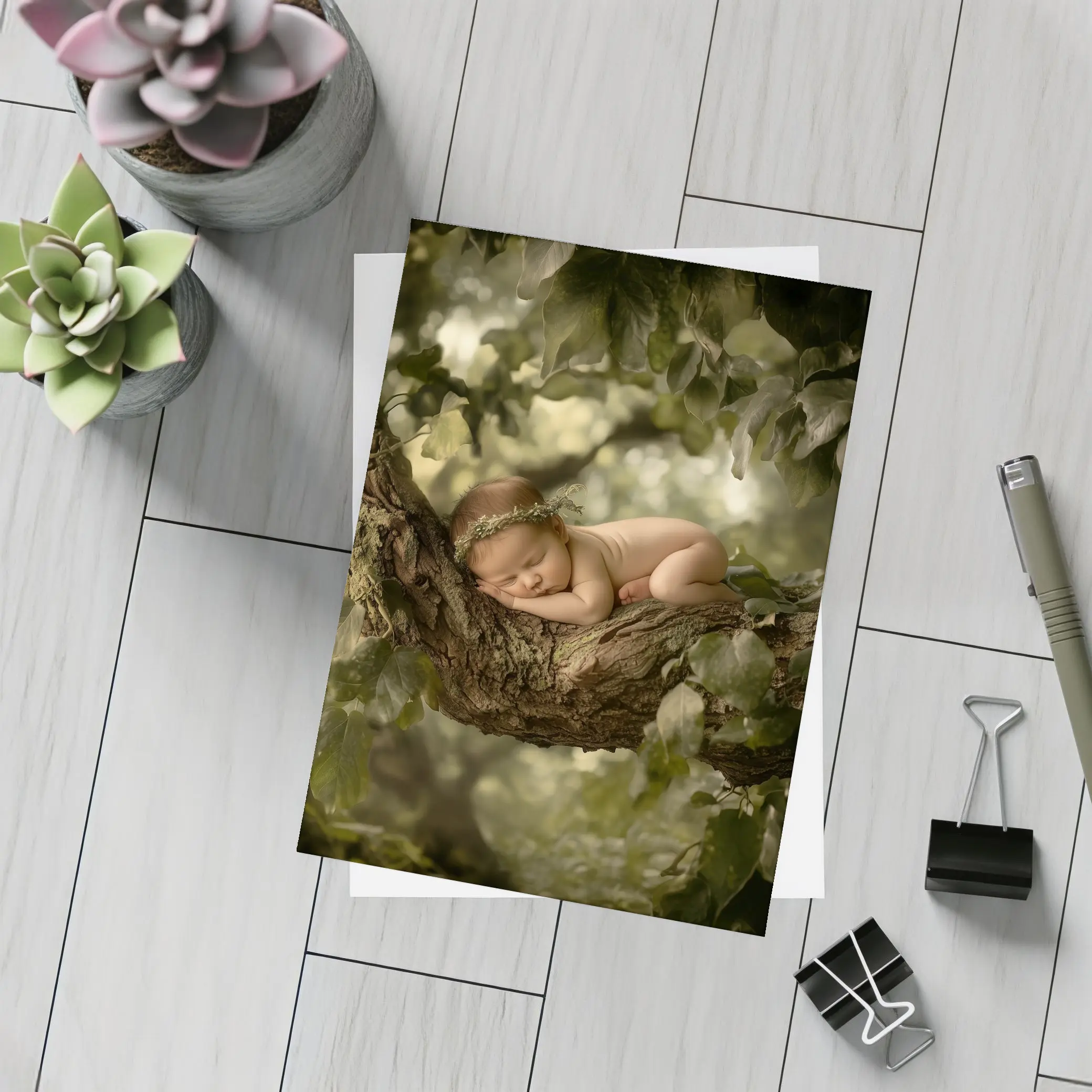 Sleeping Newborn Baby On Forest Tree – Postcards