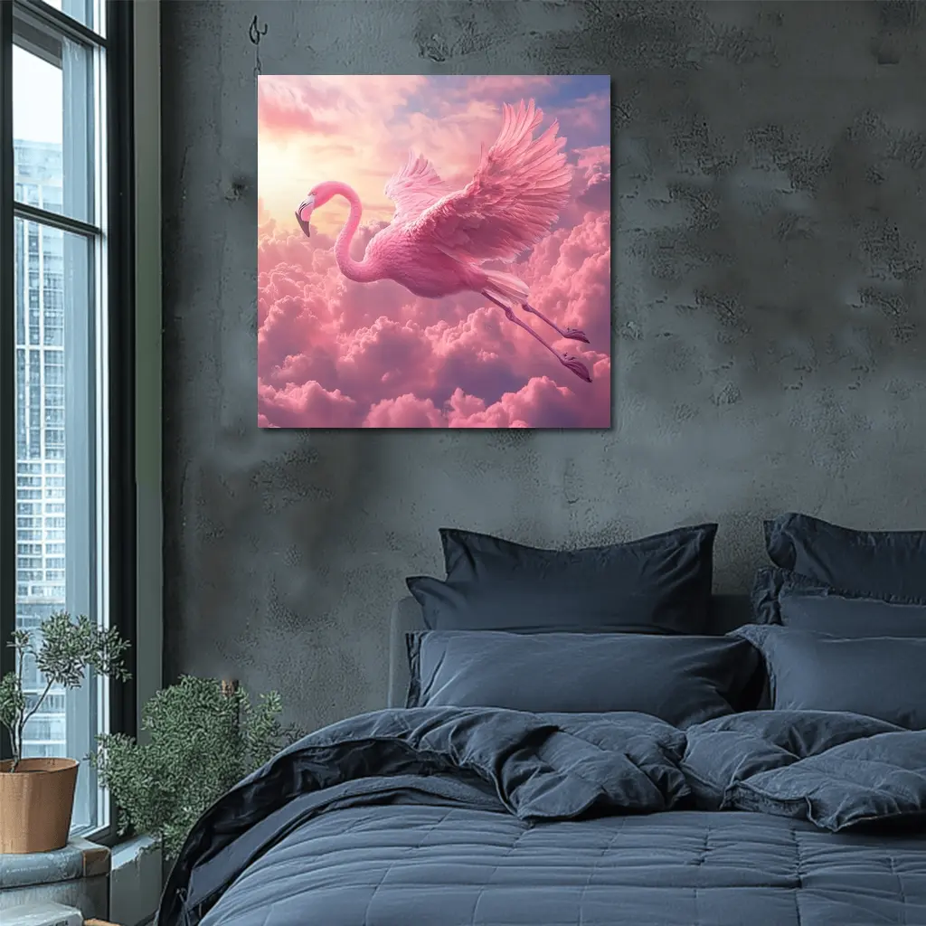 Pink Flamingo Flying Through Dreamy Clouds – Wall Art