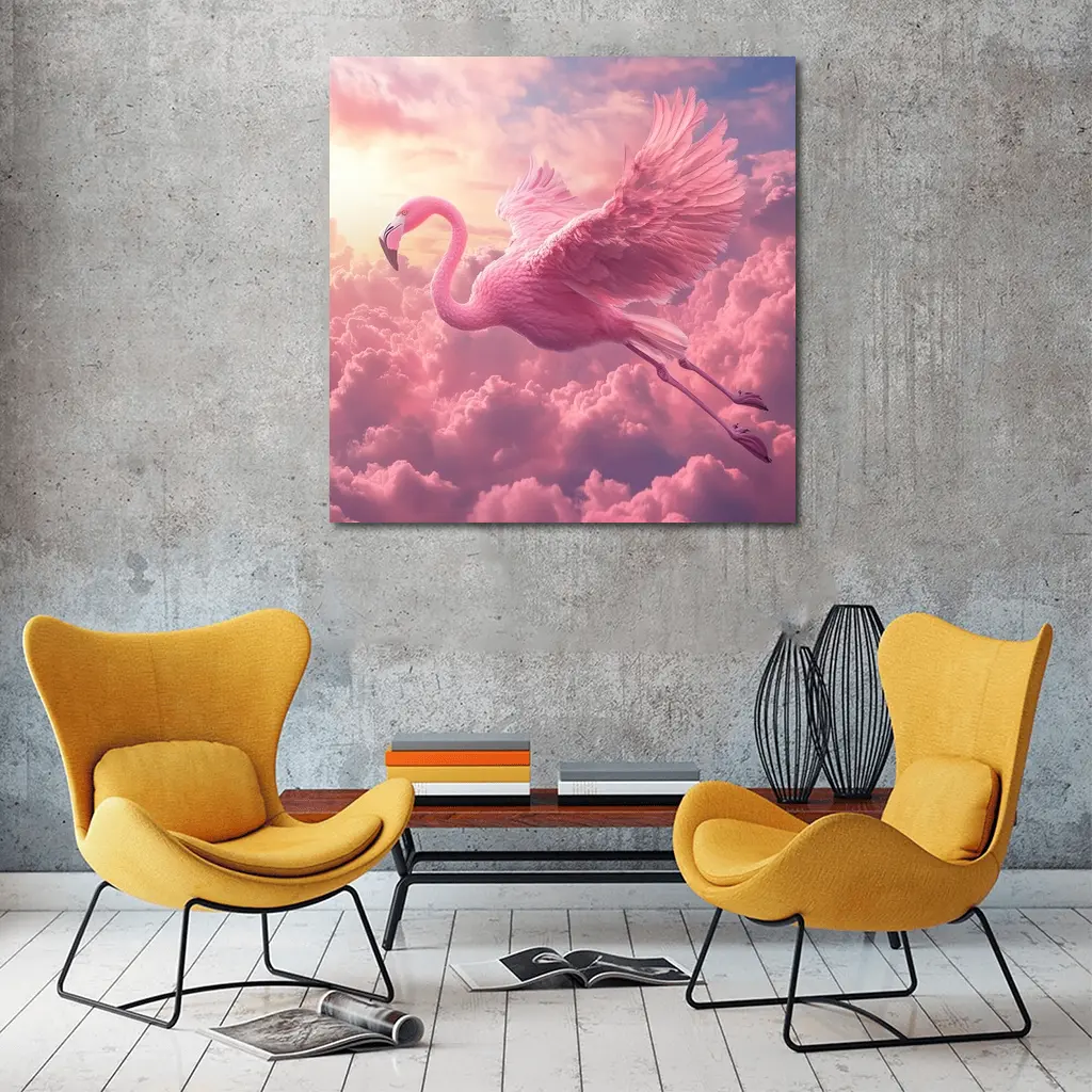 Pink Flamingo Flying Through Dreamy Clouds – Wall Art