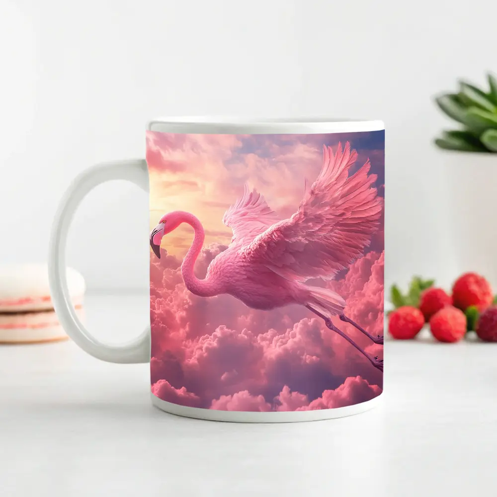 Pink Flamingo Flying Through Dreamy Clouds – Mugs