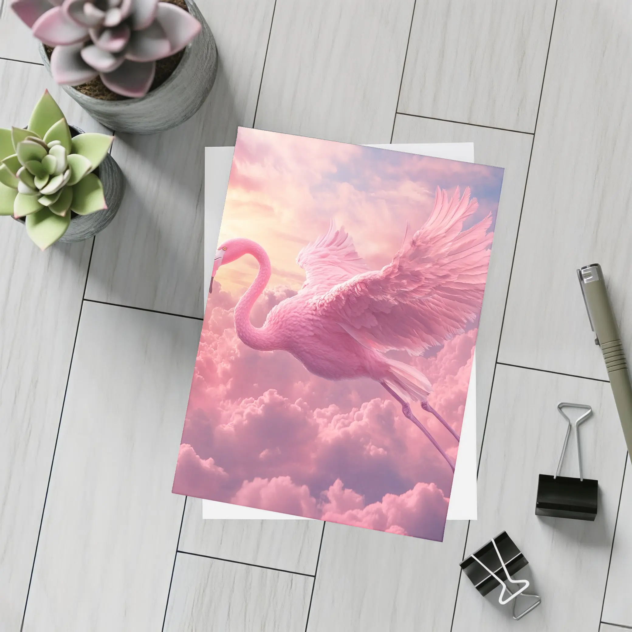 Pink Flamingo Flying Through Dreamy Clouds – Postcards