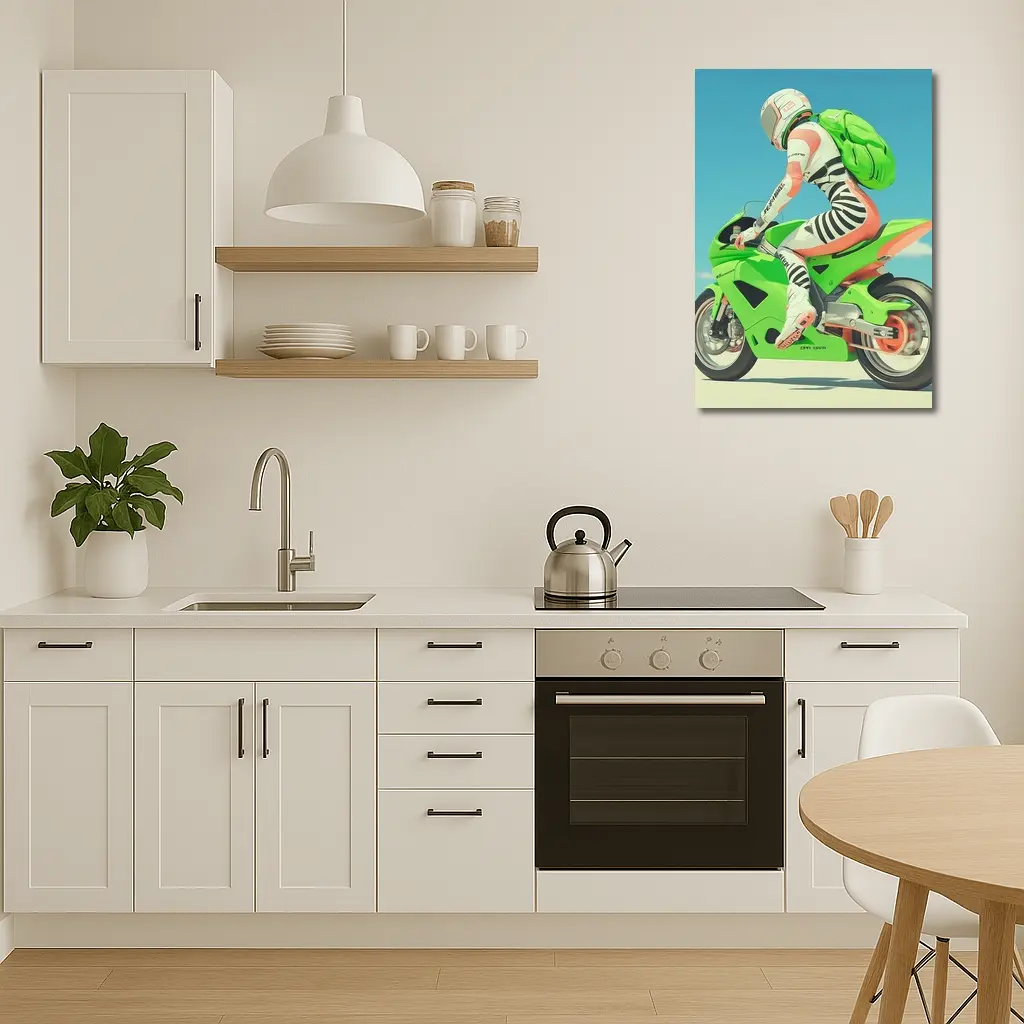 Green Sport Bike Rider Against Blue Sky – Wall Art