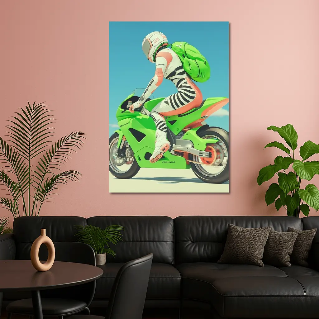 Green Sport Bike Rider Against Blue Sky – Wall Art