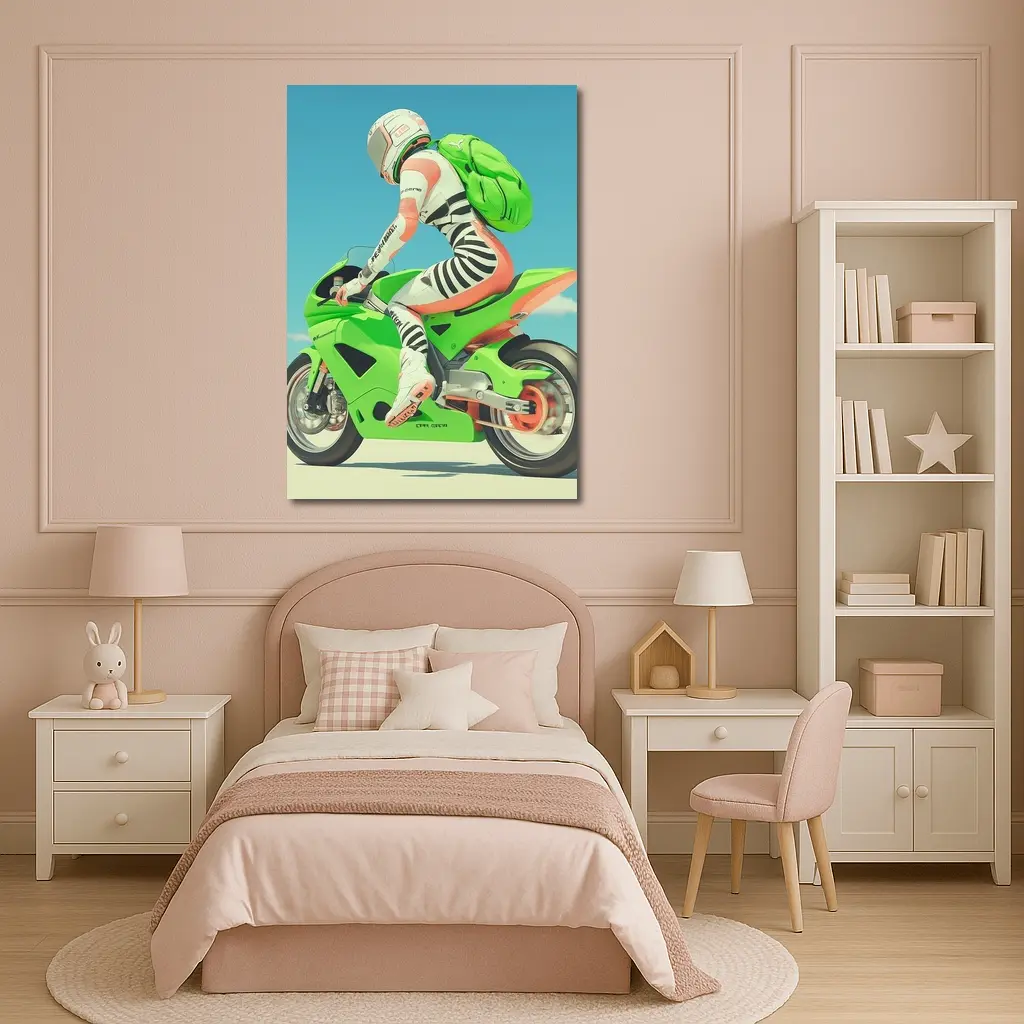 Green Sport Bike Rider Against Blue Sky – Wall Art