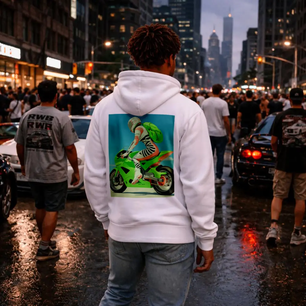 Green Sport Bike Rider Against Blue Sky – Hoodies