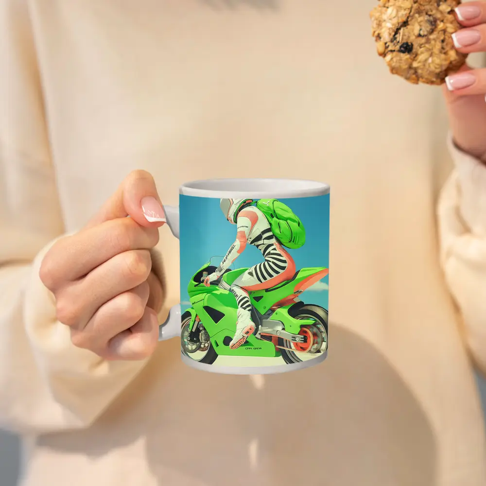 Green Sport Bike Rider Against Blue Sky – Mugs
