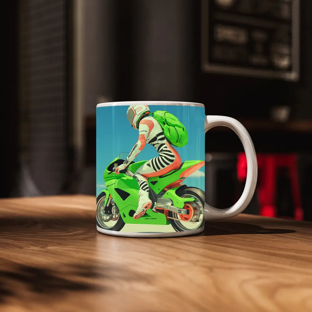Green Sport Bike Rider Against Blue Sky – Mugs