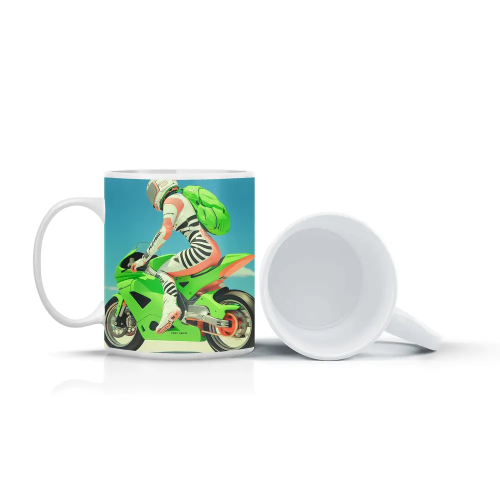 Green Sport Bike Rider Against Blue Sky – Mugs
