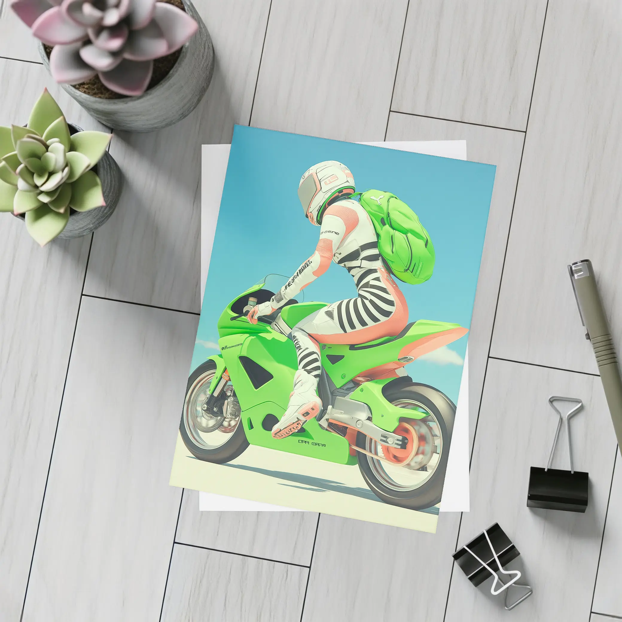 Green Sport Bike Rider Against Blue Sky – Postcards