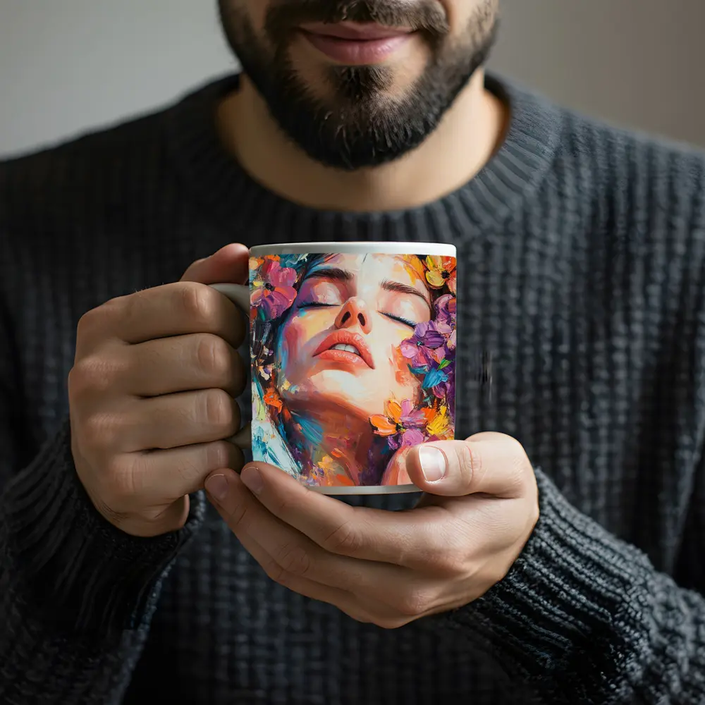Woman Face Floral Oil Painting Art – Mugs