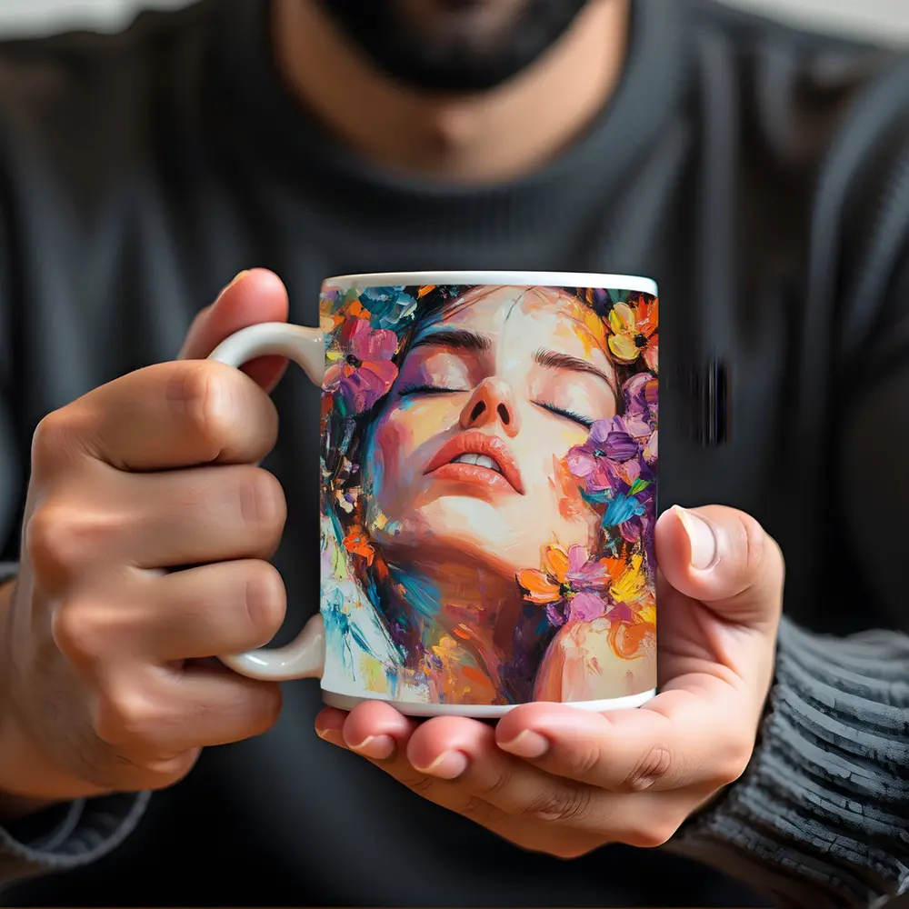 Woman Face Floral Oil Painting Art – Mugs