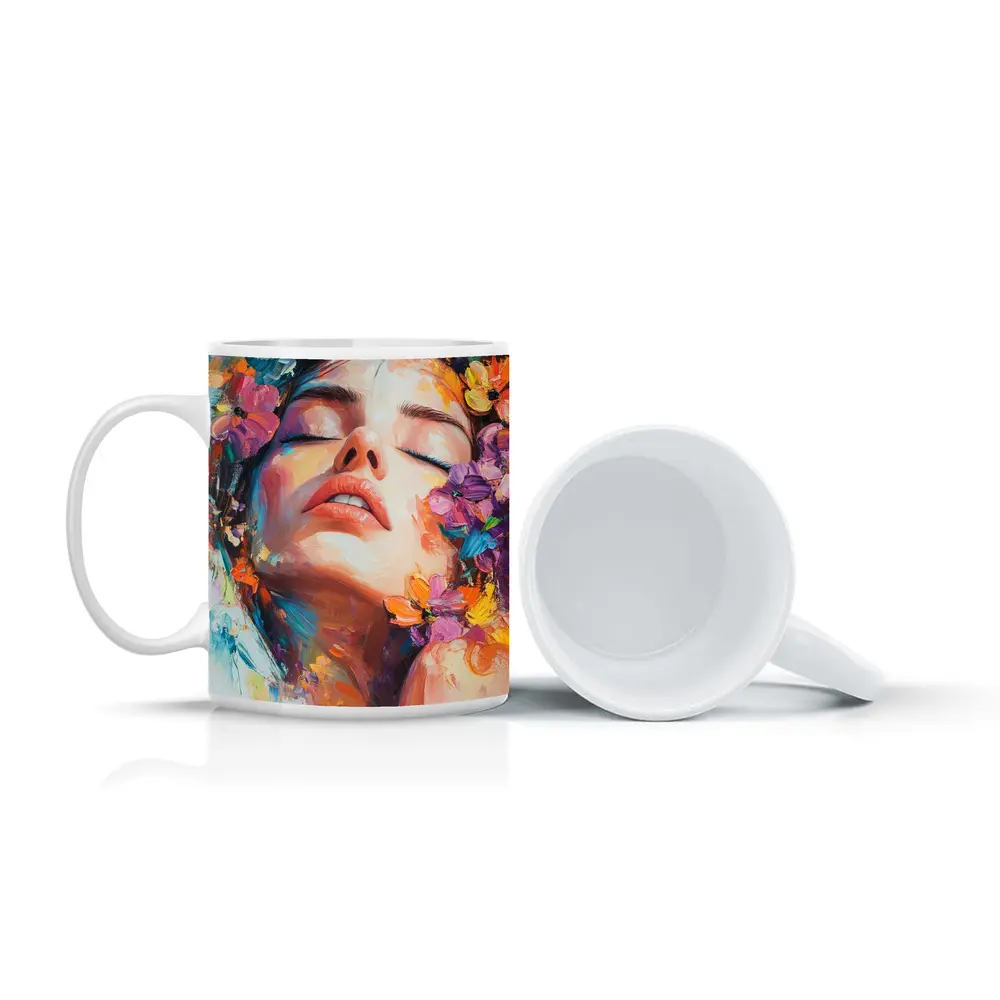 Woman Face Floral Oil Painting Art – Mugs
