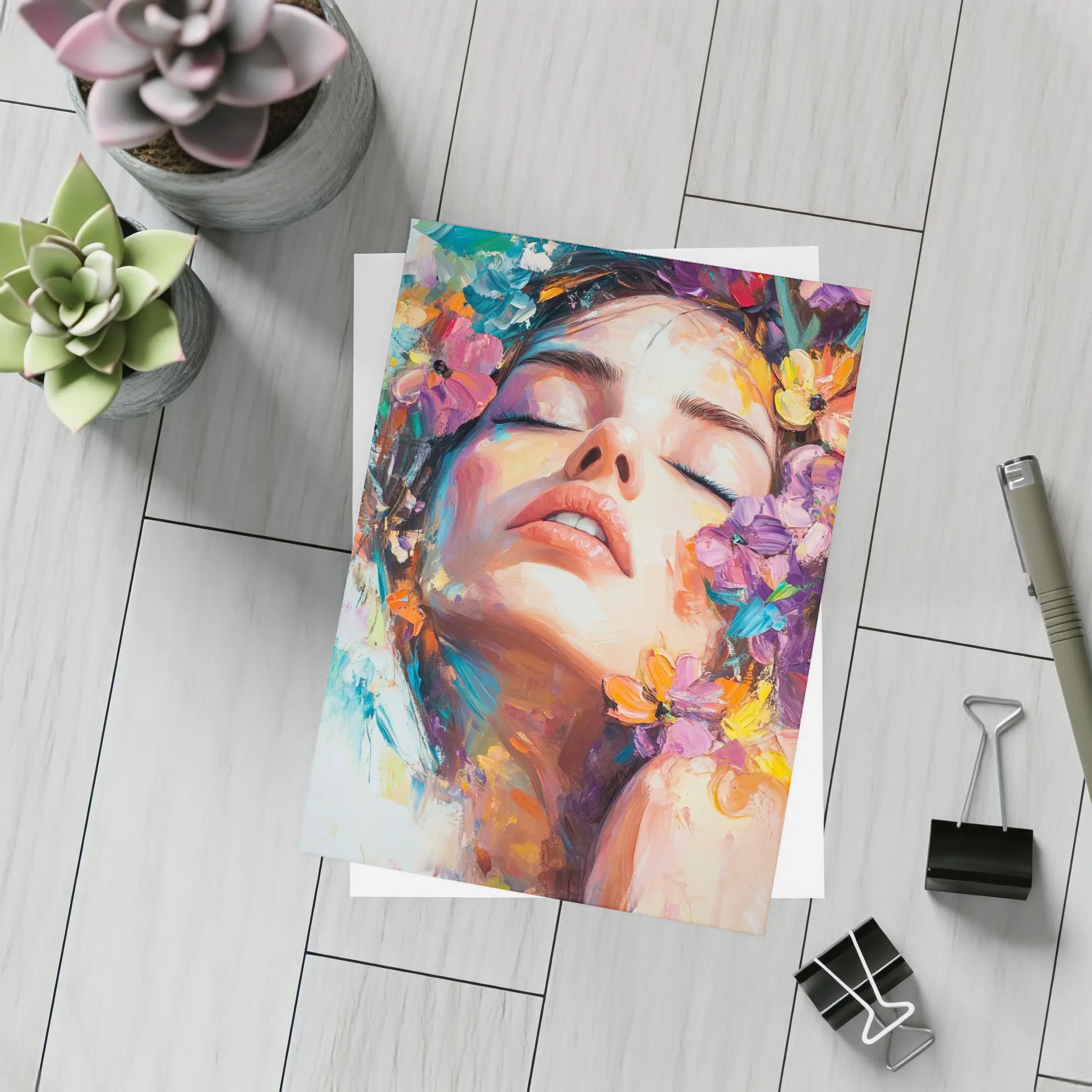 Woman Face Floral Oil Painting Art – Postcards