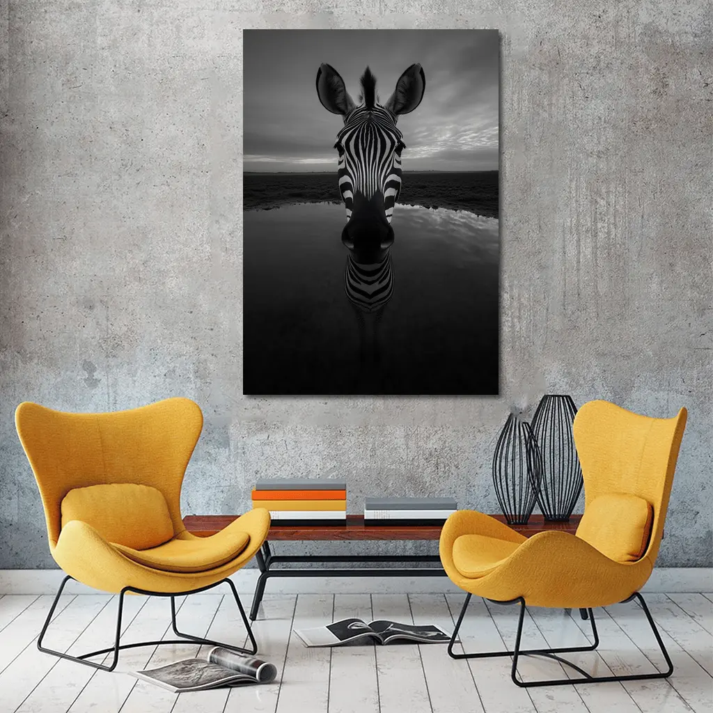 Zebra Portrait Black and White Water Reflection – Wall Art