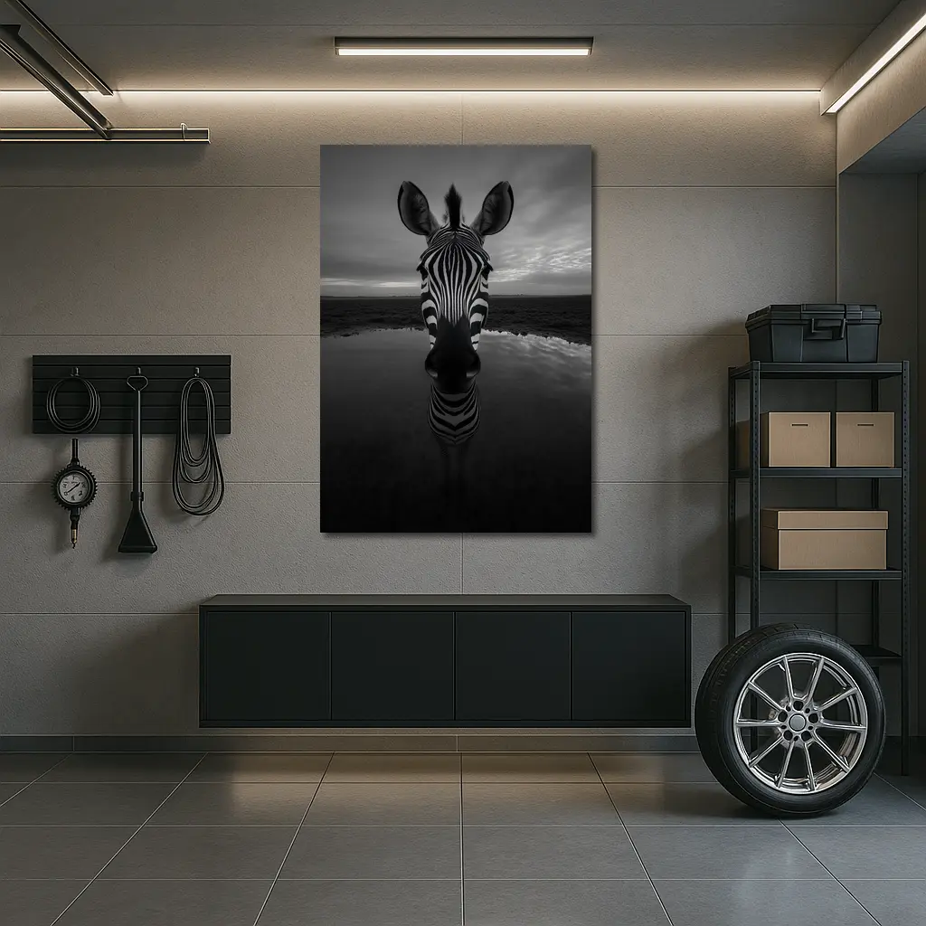 Zebra Portrait Black and White Water Reflection – Wall Art