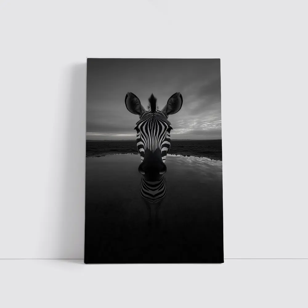 Zebra Portrait Black and White Water Reflection – Wall Art