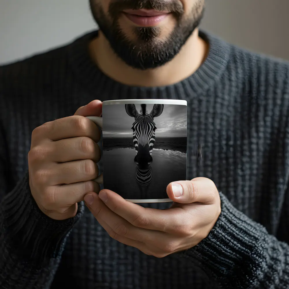 Zebra Portrait Black and White Water Reflection – Mugs