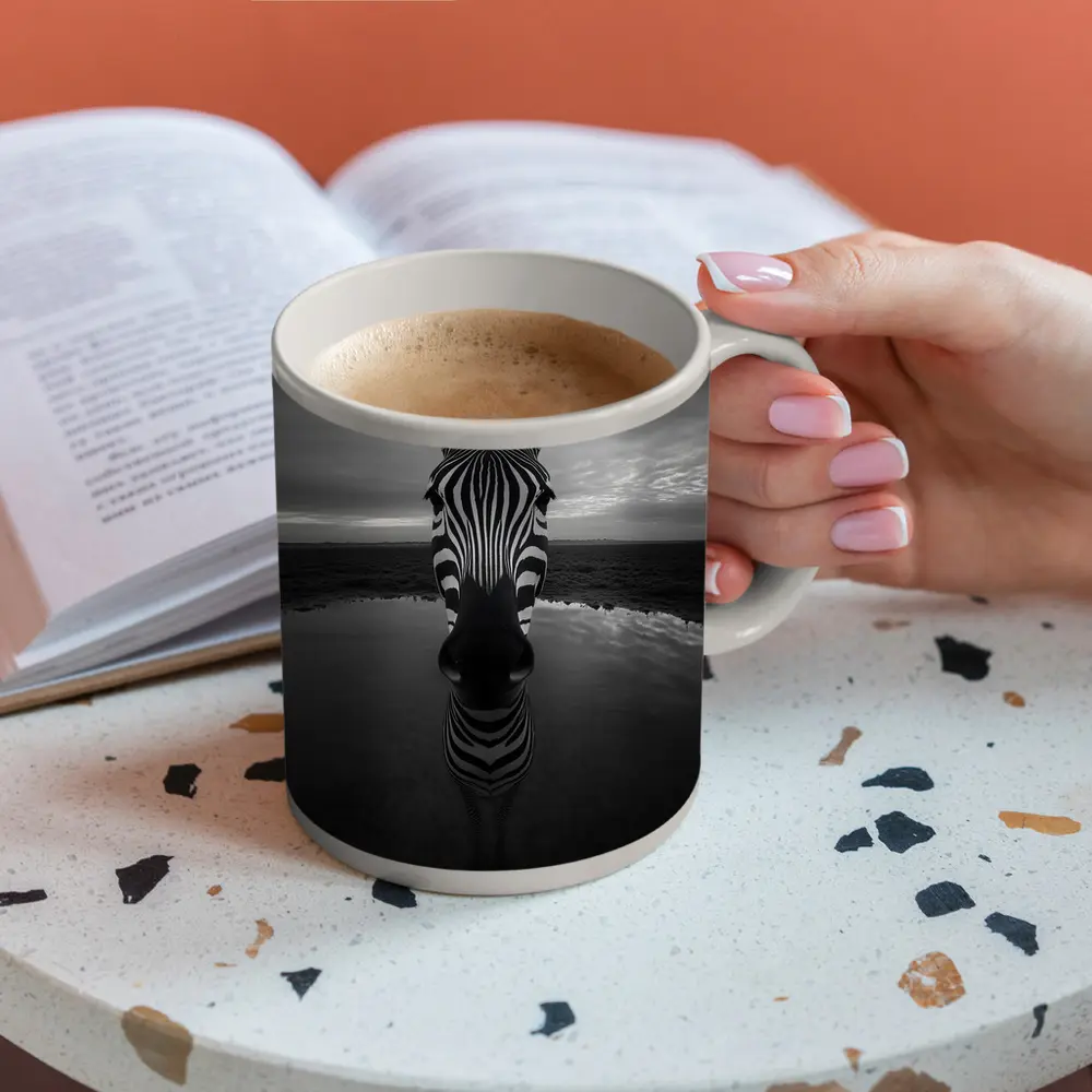 Zebra Portrait Black and White Water Reflection – Mugs