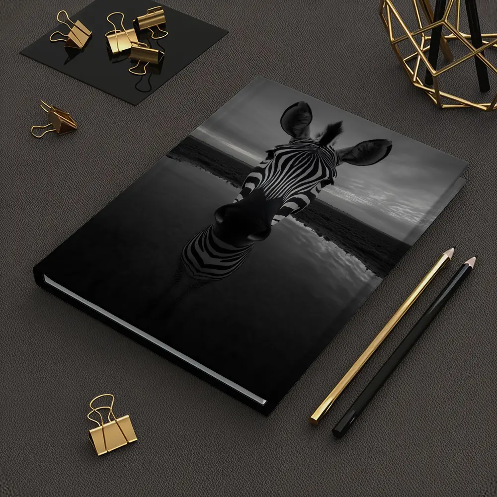 Zebra Portrait Black and White Water Reflection – Notebooks