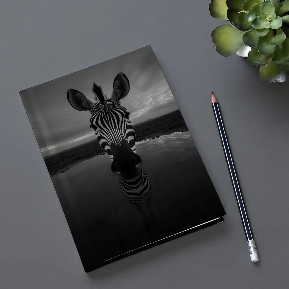Zebra Portrait Black and White Water Reflection – Notebooks