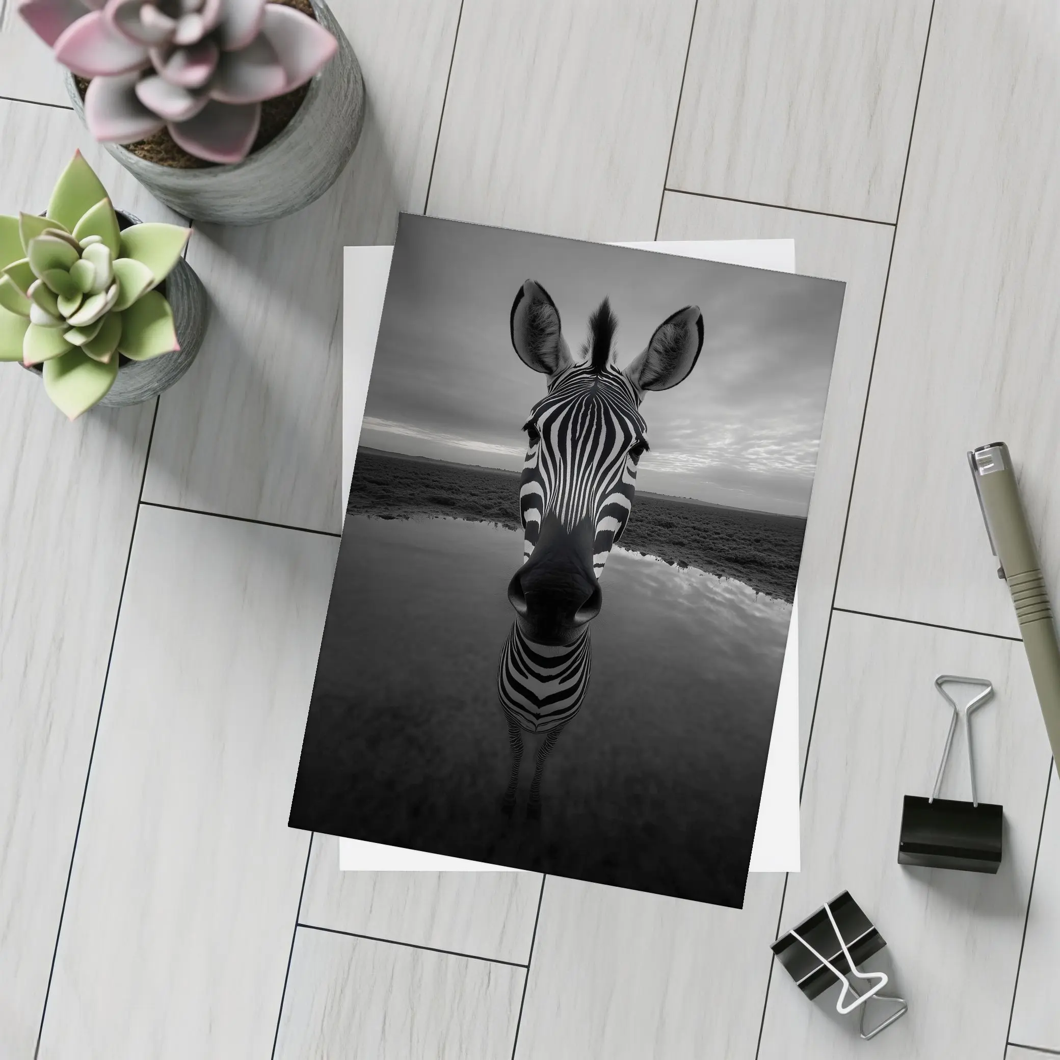 Zebra Portrait Black and White Water Reflection – Postcards