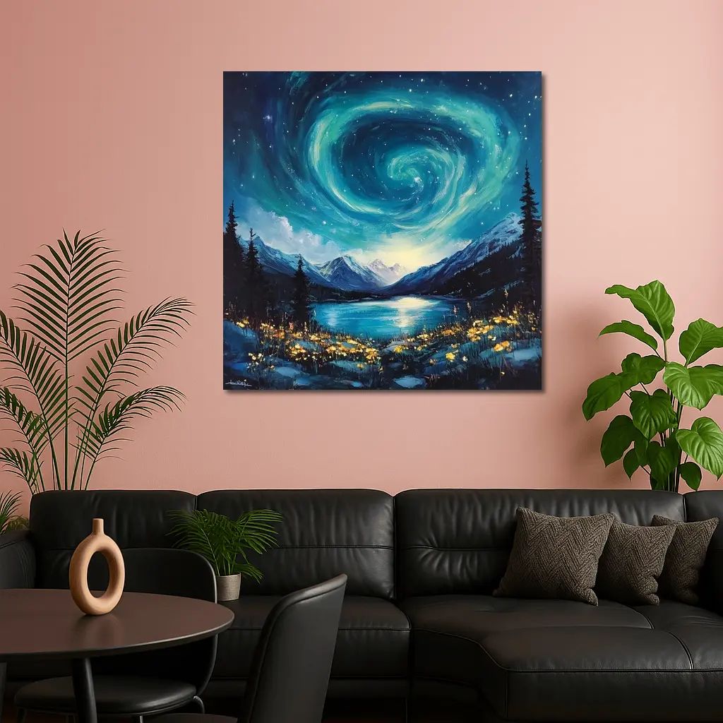 Swirling Night Sky Mountain Lake Painting – Wall Art