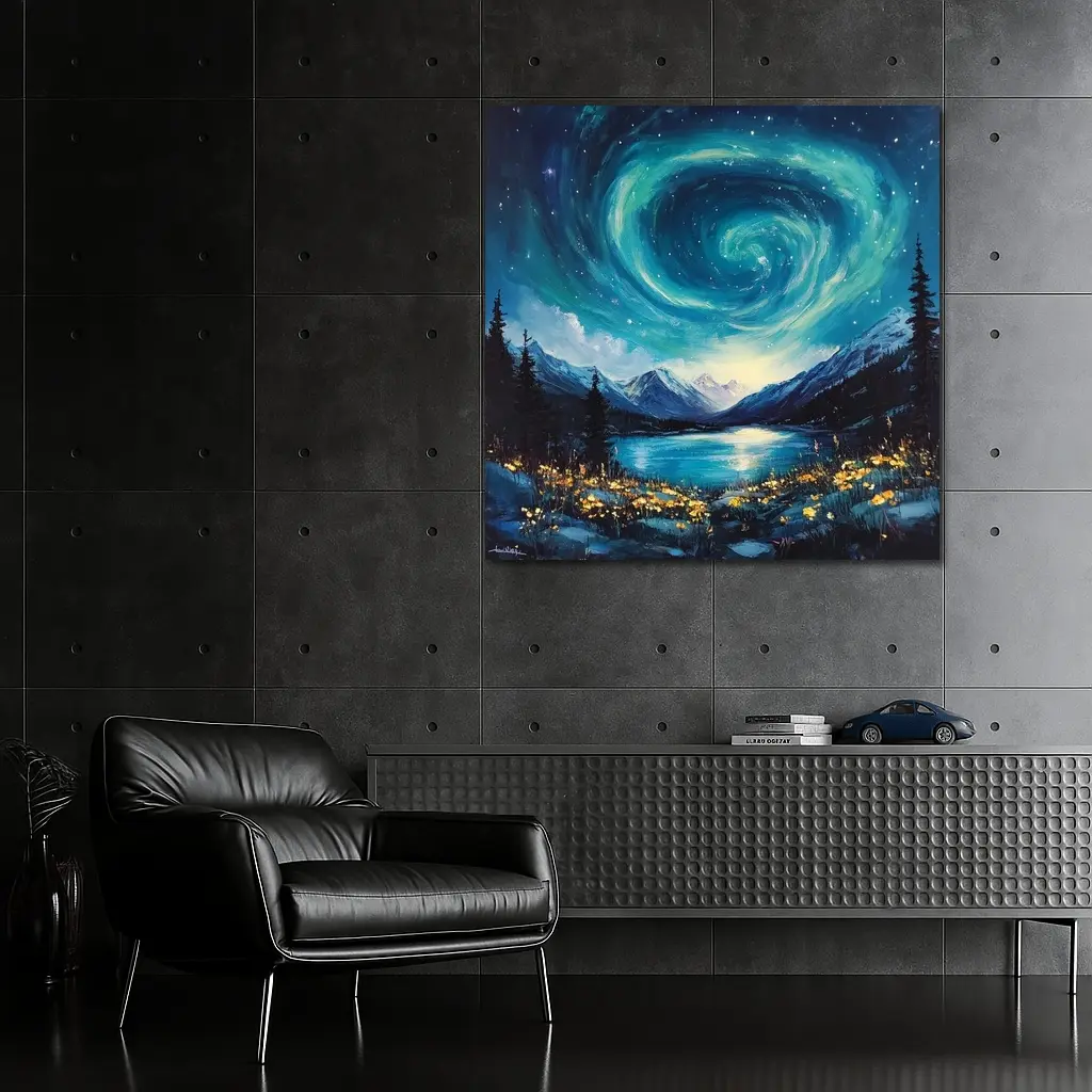 Swirling Night Sky Mountain Lake Painting – Wall Art