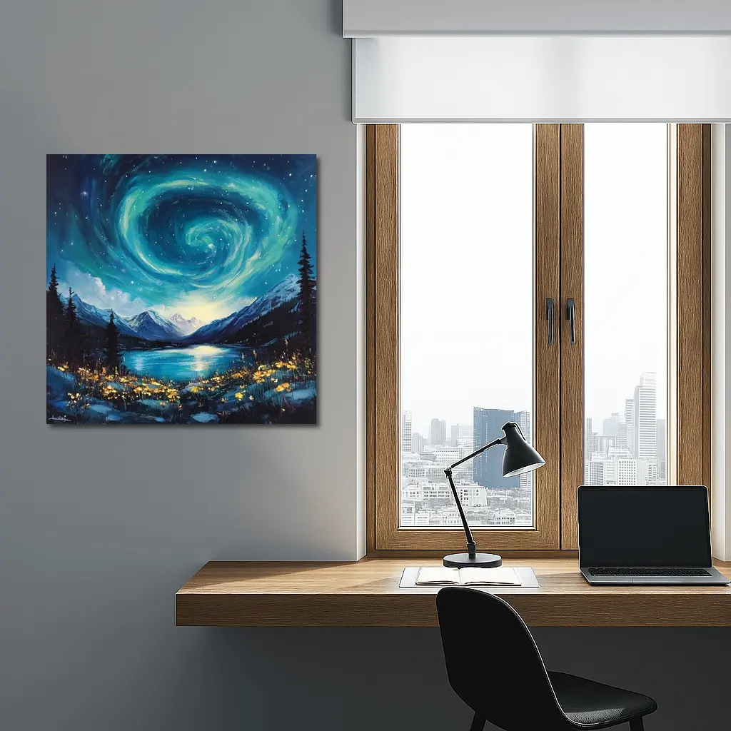 Swirling Night Sky Mountain Lake Painting – Wall Art
