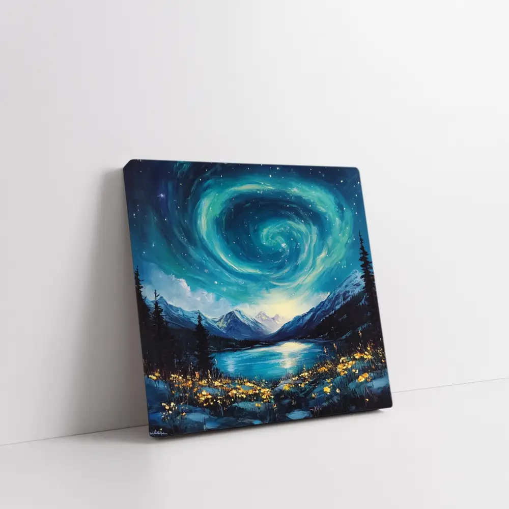 Swirling Night Sky Mountain Lake Painting – Wall Art