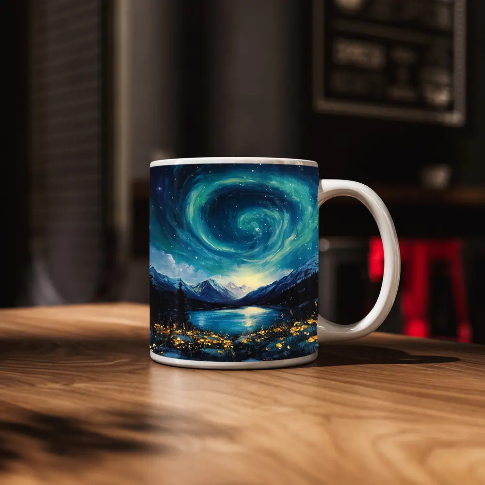 Swirling Night Sky Mountain Lake Painting – Mugs