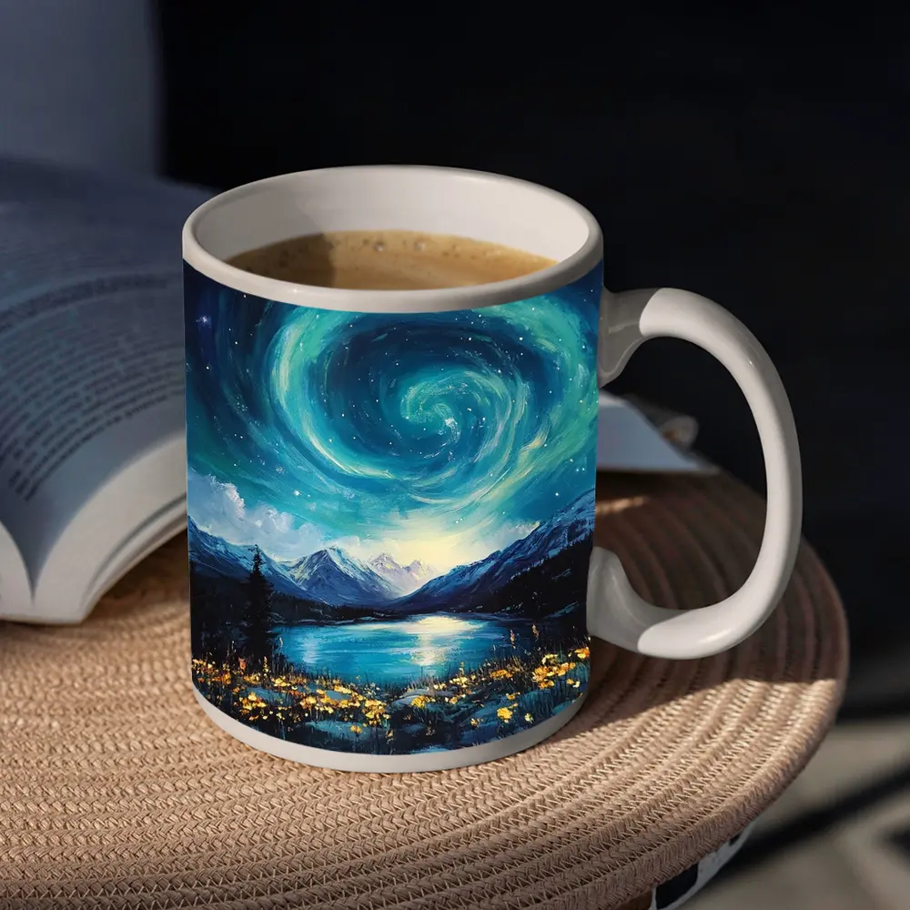 Swirling Night Sky Mountain Lake Painting – Mugs