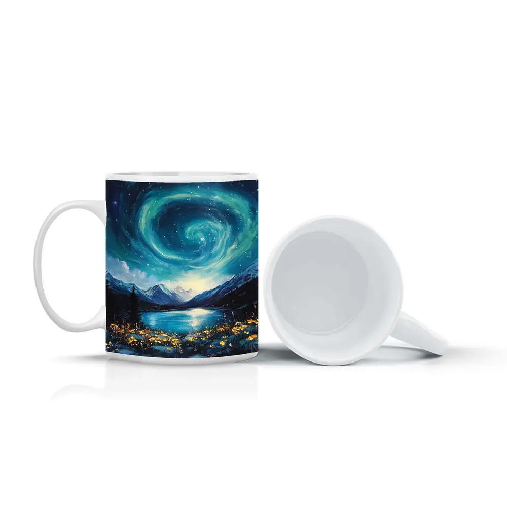 Swirling Night Sky Mountain Lake Painting – Mugs