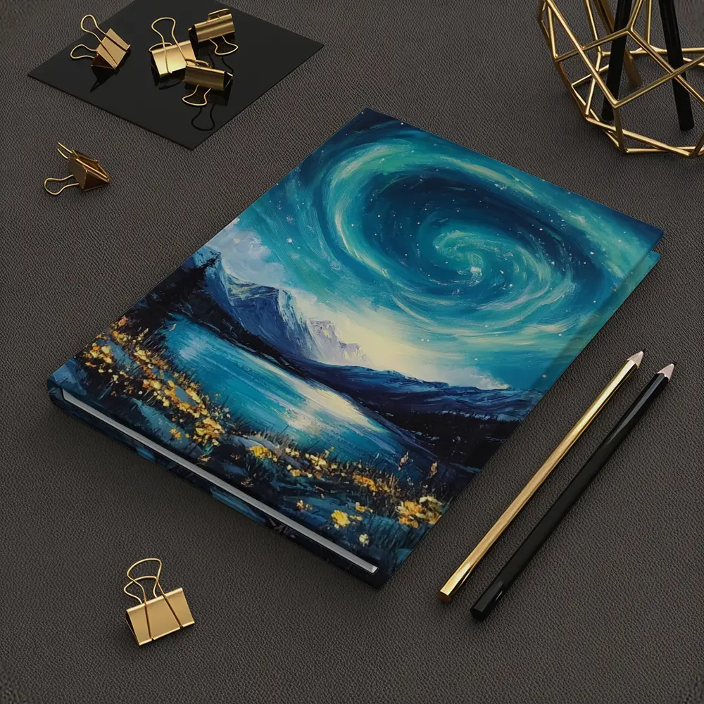 Swirling Night Sky Mountain Lake Painting – Notebooks
