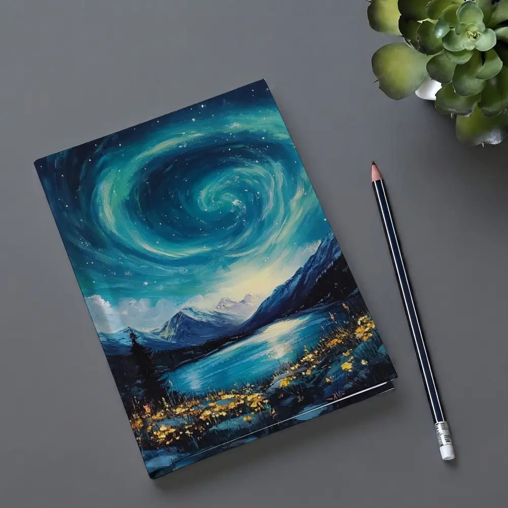 Swirling Night Sky Mountain Lake Painting – Notebooks