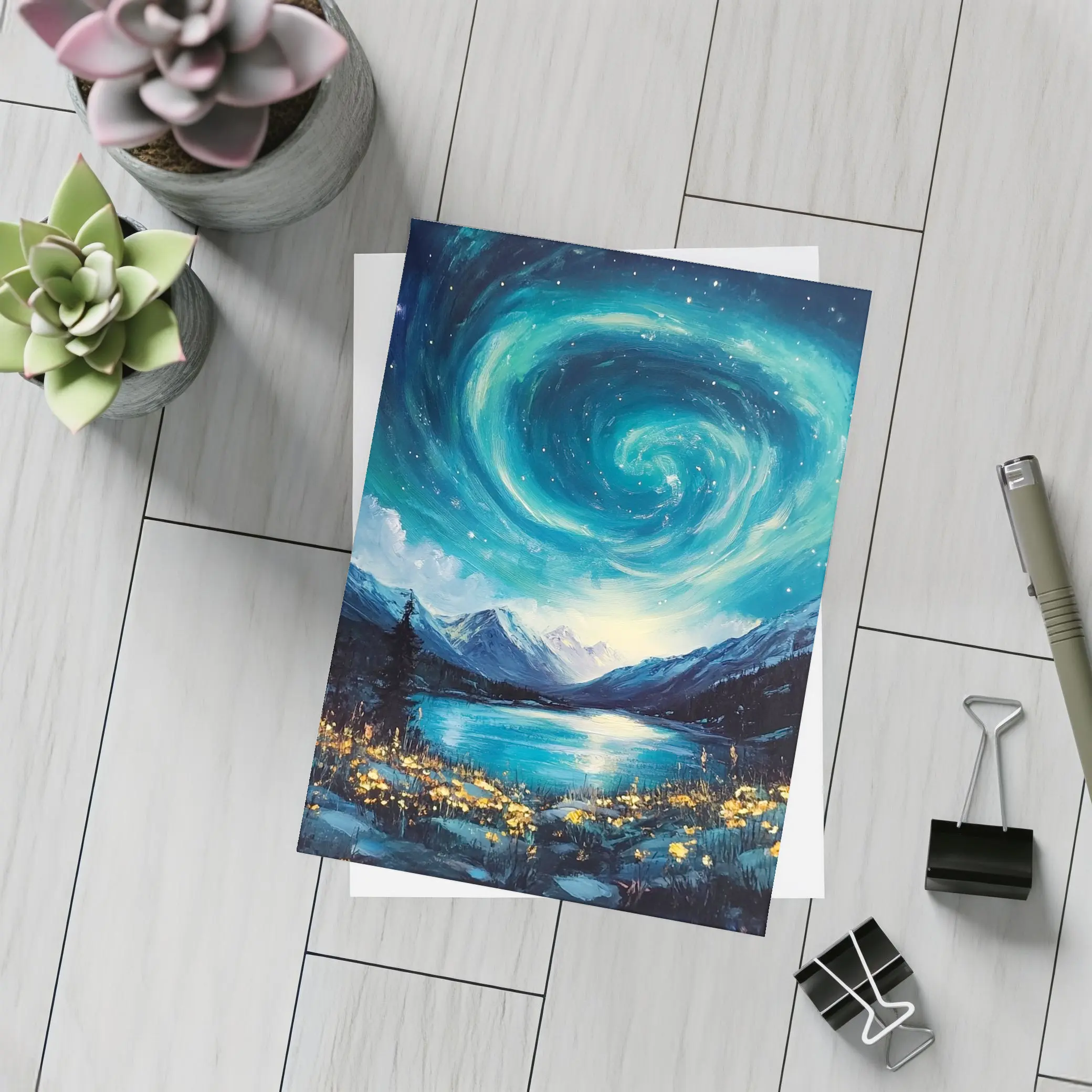 Swirling Night Sky Mountain Lake Painting – Postcards