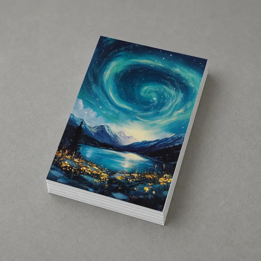 Swirling Night Sky Mountain Lake Painting – Postcards