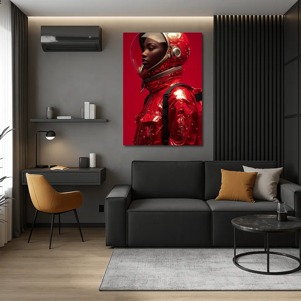 Woman Astronaut Red Suit Gold Helmet – Wall Art