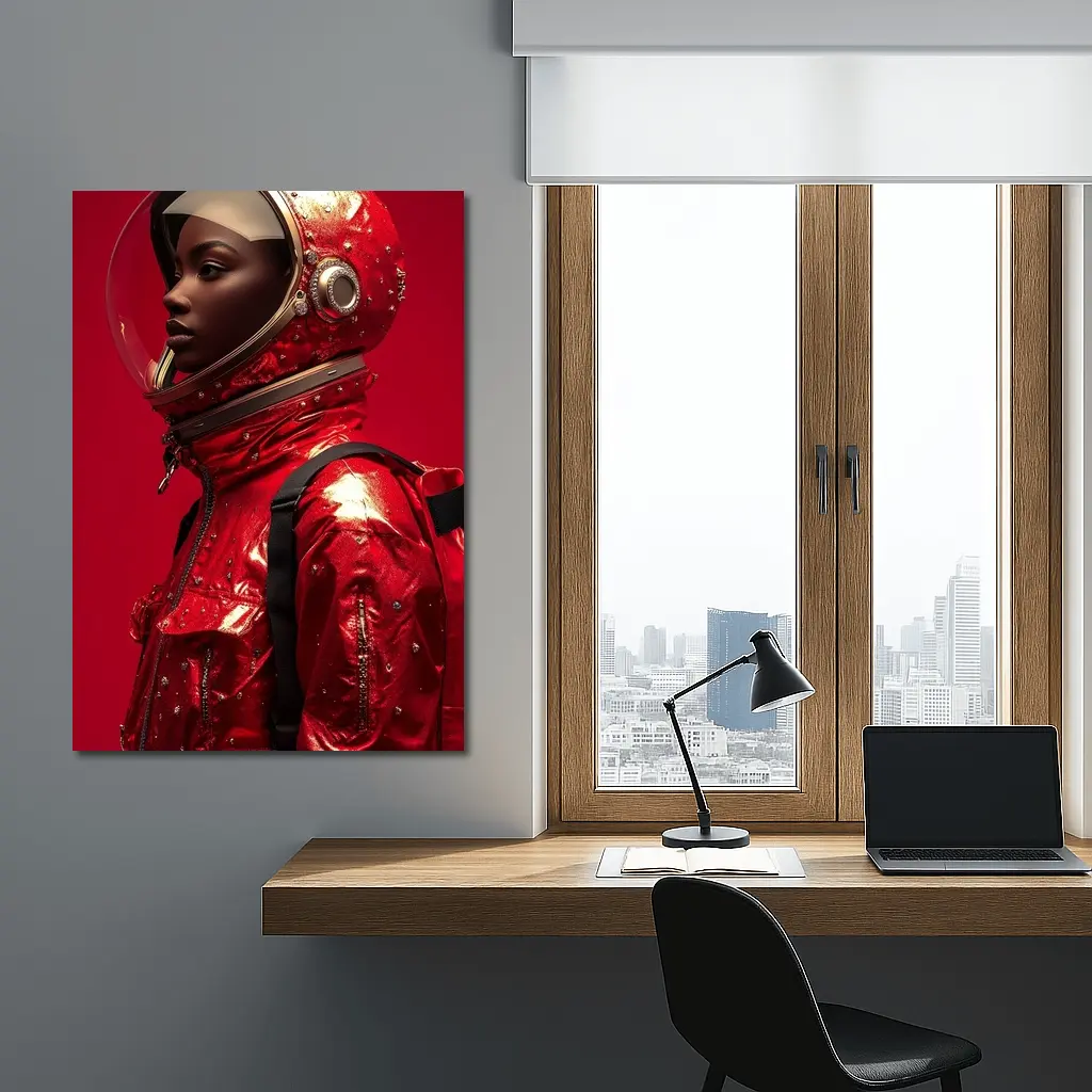 Woman Astronaut Red Suit Gold Helmet – Wall Art