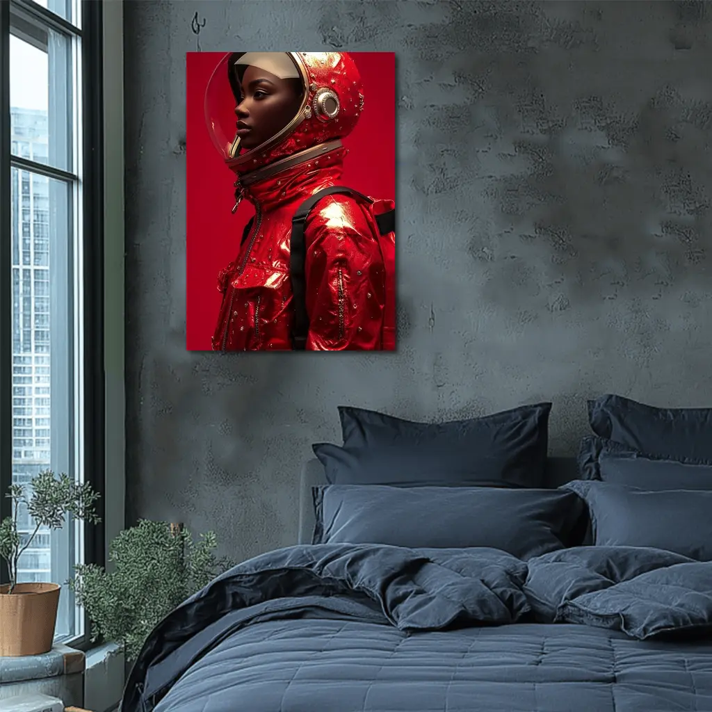 Woman Astronaut Red Suit Gold Helmet – Wall Art